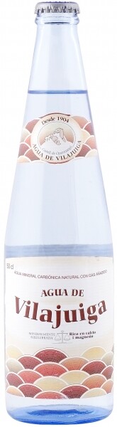 На фото изображение Aqua Vilajuiga Con Gas, in glass, 0.5 L (Вода минеральная питьевая лечебно-столовая Виладжуйга газированная, в стеклянной бутылке объемом 0.5 литра)