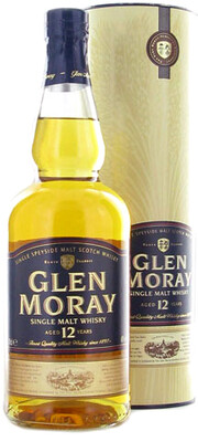 На фото изображение Glen Moray 12 years, in tube, 0.7 L (Глен Морей 12 лет, в тубе в бутылках объемом 0.7 литра)