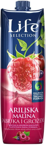 На фото изображение Life Premium Raspberry, Apple and Grape, 1 L (Лайф Премиум Малина, Яблоко и Виноград (нектар) объемом 1 литр)