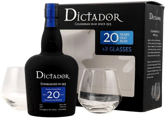 На фото изображение Dictador 20 Years Old, gift set with 2 glasses (Диктатор 20-летний, подарочный набор с двумя бокалами)