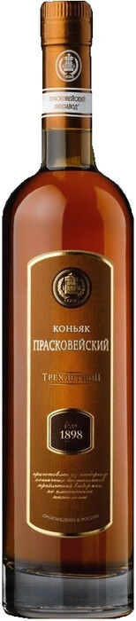 На фото изображение Прасковейский трехлетний, Три звёздочки, объемом 0.7 литра (Praskoveysky Cognac, 3 years 0.7 L)