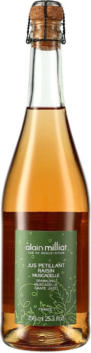 На фото изображение Alain Milliat, Jus Petillant de Raisin Muscadelle, 0.75 L (Ален Мийя, Игристый сок из винограда Мюскадель объемом 0.75 литра)