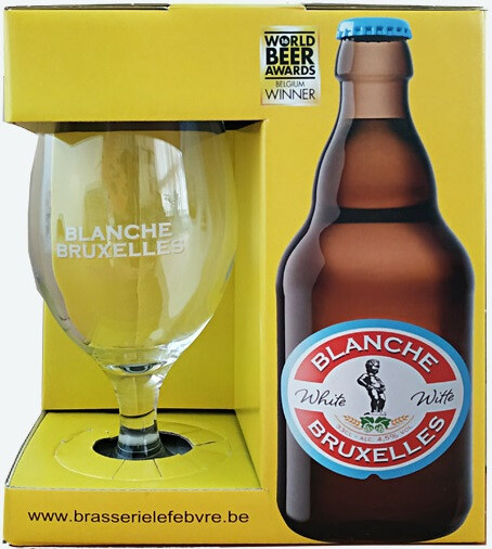 На фото изображение Lefebvre, Blanche de Bruxelles, set of 3 bottles & 1 glass, gift box (Лефевр, Бланш де Брюссель, набор из 3-х бутылок и бокала, в подарочной коробке)