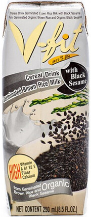 На фото изображение V-Fit, Brown Rice Mlik with Black Sesame, 0.25 L (Ви-Фит, Молоко из Коричневого Риса с Черным Кунжутом объемом 0.25 литра)