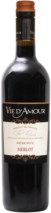 На фото изображение Vie dAmour Merlot Reserva, Pays dOc IGP, 0.75 L (Вье дАмур Мерло Резерва объемом 0.75 литра)