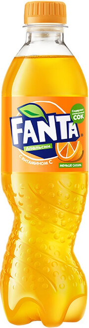 На фото изображение Fanta Orange, PET, 0.5 L (Фанта Апельсин, в пластиковой бутылке объемом 0.5 литра)