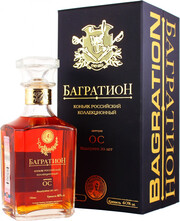 На фото изображение ККЗ, Багратион ОС 20-летний, в подарочной коробке, объемом 0.5 литра (Kizlyar cognac distillery, Bagration 20 Years Old, gift box 0.5 L)