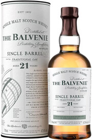 На фото изображение Balvenie Single Barrel Traditional Oak, 21 Years Old, in tube, 0.7 L (Балвени Сингл Баррель Традишнл Оук, 21-летний, в тубе в бутылках объемом 0.7 литра)