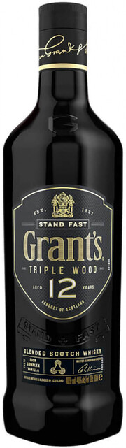 На фото изображение Grants Triple Wood 12 Years Old, 0.7 L (Грантс Трипл Вуд 12-летний в бутылках объемом 0.7 литра)