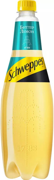 На фото изображение Швепс Биттер Лемон, в пластиковой бутылке, объемом 0.9 литра (Schweppes Bitter Lemon, PET 0.9 L)