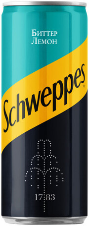 На фото изображение Швепс Биттер Лемон, в жестяной банке, объемом 0.33 литра (Schweppes Bitter Lemon, in can 0.33 L)