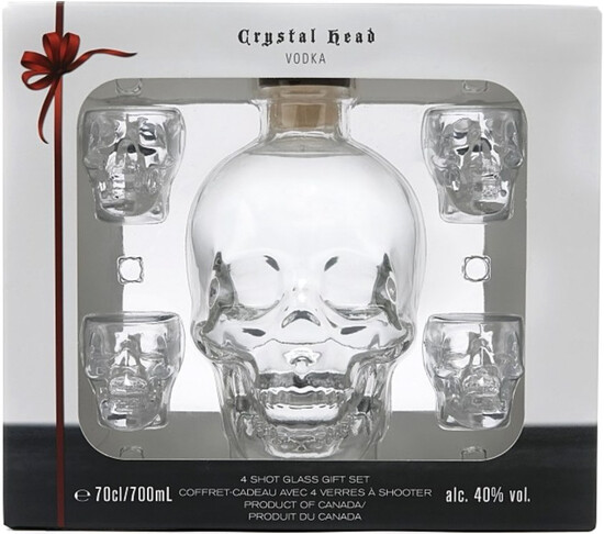 На фото изображение Crystal Head, gift box with 4 shots (Кристал Хэд, в подарочной коробке с четырьмя шотами)