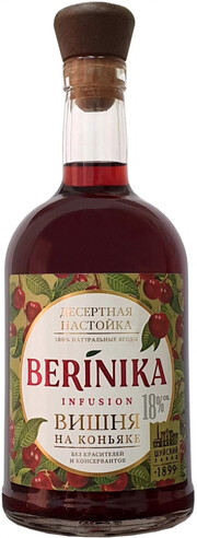 На фото изображение Berinika Cherry with Cognac, 0.5 L (Бериника Вишня на Коньяке, настойка сладкая объемом 0.5 литра)
