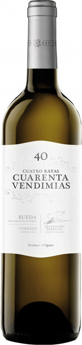 На фото изображение Cuatro Rayas, Cuarenta Vendimias Verdejo, Rueda DO, 2020, 0.75 L (Куатро Райас, Куарента Вендимиас Вердехо, 2020 объемом 0.75 литра)