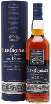 На фото изображение Glendronach Allardice 18 years old, in tube, 0.7 L (Глендронах Аллардис 18 лет выдержки, в тубе в бутылках объемом 0.7 литра)
