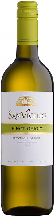 На фото изображение Sanvigilio Pinot Grigio, Provincia di Pavia IGT, 2021, 0.75 L (Санвиджилио Пино Гриджио, 2021 объемом 0.75 литра)