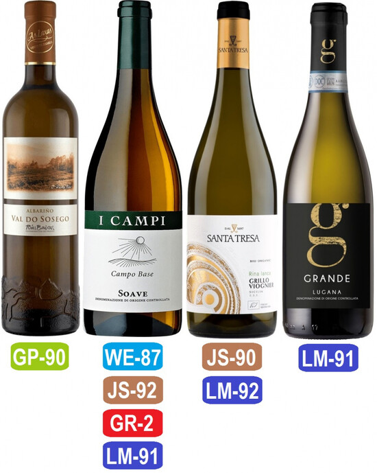 На фото изображение Set of White Highly Rated Wines (Набор из 4-х белых с рейтингами)