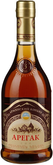 На фото изображение Арегак 3 Звезды, объемом 0.5 литра (Armenian Cognac Aregak 3 Stars 0.5 L)