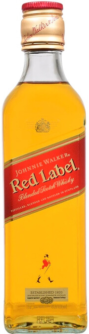 На фото изображение Red Label, 0.375 L (Джонни Уокер, Рэд Лейбл в маленьких бутылках объемом 0.375 литра)