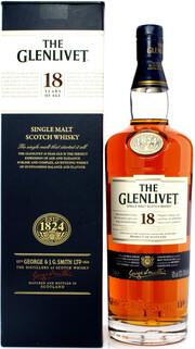 На фото изображение The Glenlivet 18 years, with box, 1 L (Гленливет 18 лет, в коробке в бутылках объемом 1 литр)
