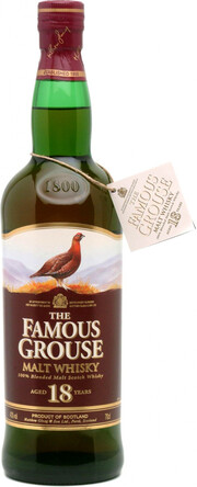 На фото изображение The Famous Grouse Malt Whisky aged 18 years, 0.7 L (Фэймос Граус Молт 18 лет в бутылках объемом 0.7 литра)