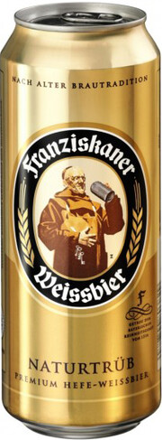 На фото изображение Franziskaner Hefe-Weisse, in can, 0.5 L (Францисканер Хефе-Вайссе, в жестяной банке объемом 0.5 литра)