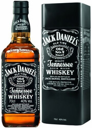 На фото изображение Jack Daniels, with metal box, 0.7 L (Джек Дэниэлс, в металлической коробке в бутылках объемом 0.7 литра)