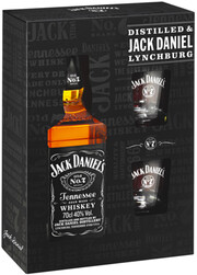 На фото изображение Jack Daniels, in box with 2 glasses, 0.7 L (Джек Дэниэлс, в подарочной коробке с двумя стаканами в бутылках объемом 0.7 литра)