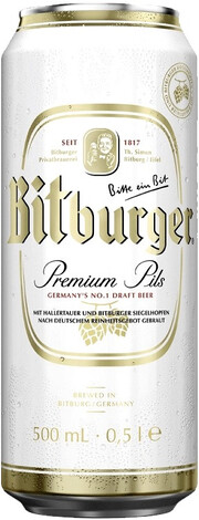 На фото изображение Bitburger Premium Pils, in can, 0.5 L (Битбургер Премиум Пилс, в жестяной банке объемом 0.5 литра)