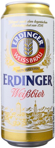 На фото изображение Erdinger, Weissbier, in can, 0.5 L (Эрдингер, Вайсбир, в жестяной банке объемом 0.5 литра)