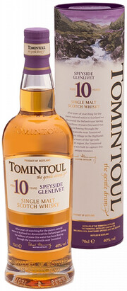 На фото изображение Tomintoul 10 Years Old, in tube, 0.7 L (Томинтоул 10-летний, в тубе в бутылках объемом 0.7 литра)