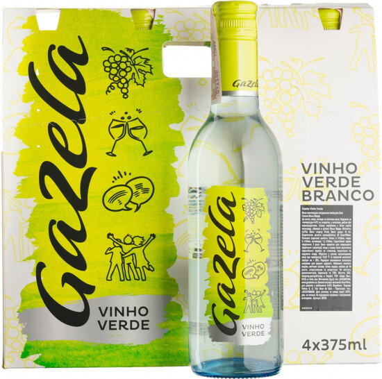 На фото изображение Sogrape Vinhos, Gazela Vinho Verde DOC, set of 4 bottles (Газела Виньо Верде, набор из 4-х бутылок, картонная коробка)