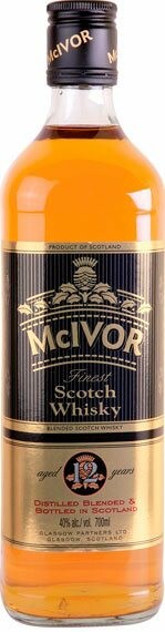 На фото изображение McIvor Finest Scotch Whisky, 12 YO, 0.5 L (МакАйвор Файнест Скотч Виски, 12-летний в бутылках объемом 0.5 литра)