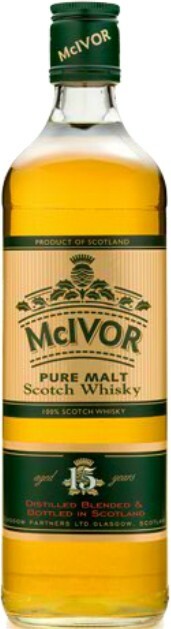 На фото изображение McIvor Pure Malt, 15 YO, 0.7 L (Мак Айвор Пьюр Молт, 15-летний в бутылках объемом 0.7 литра)