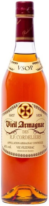 На фото изображение Gelas, Vieil Armagnac des R.P. Cordeliers VSOP, 0.7 L (Вьей Арманьяк де Р.П. Корделье ВСОП объемом 0.7 литра)