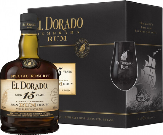 На фото изображение El Dorado Special Reserve 15 Years Old, gift box with 2 glasses (Эль Дорадо Спешл Резерв 15-летний, в подарочной коробке с двумя стаканами)