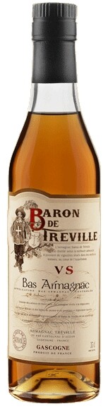 На фото изображение Baron de Treville VS, 0.35 L (Арманьяк Барон де Тревиль VS в коробке объемом 0.35 литра)