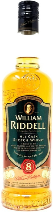 На фото изображение William Riddell Ale cask 8 years old, 0.7 L (Уильям Ридделл Эль Каск 8-летний в бутылках объемом 0.7 литра)
