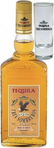 Tres Sombreros Tequila Gold, with glass, 0.7 л