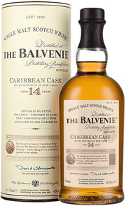 На фото изображение Balvenie Caribbean Cask, 14 Years Old, in tube, 0.7 L (Балвени Карибиан Каск, 14-летний, в тубе в бутылках объемом 0.7 литра)