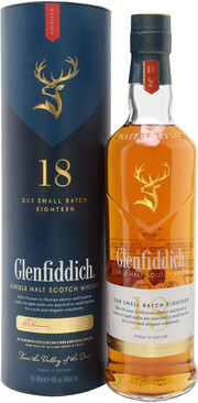 На фото изображение Glenfiddich 18 Years Old, in tube, 0.7 L (Гленфиддик 18-летний, в тубе в бутылках объемом 0.7 литра)