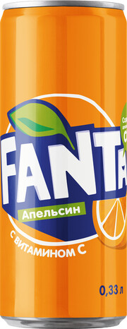 На фото изображение Fanta Orange, in can, 0.33 L (Фанта Апельсин, в жестяной банке объемом 0.33 литра)