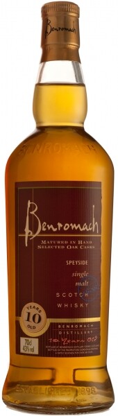 На фото изображение Benromach 10 YO, 0.7 L (Бенромах 10 лет выдержки в бутылках объемом 0.7 литра)