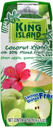 На фото изображение King Island Coconut Water with juice (apple, guava, lime), 0.25 L (Кинг Айленд Кокосовая вода с фруктовым соком (яблоко, гуава, лайм) объемом 0.25 литра)