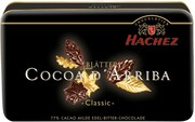 In the photo image Hachez, Bitter Chocolade Blatter Classic, 77% Cacao, metal box, 150 g