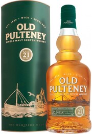 На фото изображение Old Pulteney 21 Years Old, gift box, 0.7 L (Олд Палтени 21-летний, в подарочной коробке в бутылках объемом 0.7 литра)