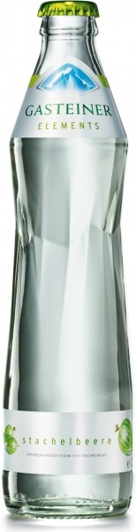 На фото изображение Bad Gasteiner Elements Stachelbeere Glass, 0.33 L (Гаштайнер Элементс Крыжовник (со вкусом крыжовника и цветов бузины) в стеклянной бутылке объемом 0.33 литра)
