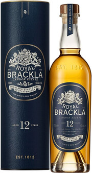 На фото изображение Royal Brackla 12 Years Old, in tube, 0.7 L (Роял Бракла 12-летний, в тубе в бутылках объемом 0.7 литра)