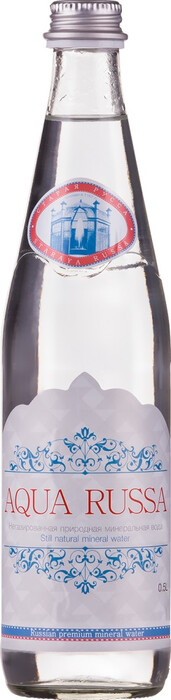 На фото изображение Аква Русса негазированная, в стеклянной бутылке, объемом 0.5 литра (Aqua Russa Still, Glass 0.5 L)
