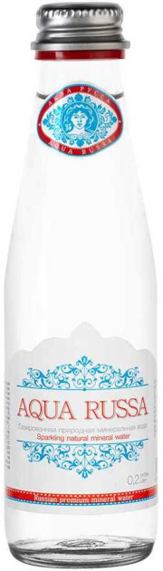 На фото изображение Аква Русса газированная, в стеклянной бутылке, объемом 0.2 литра (Aqua Russa Sparkling, Glass 0.2 L)